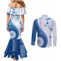 Bula Fiji Couples Matching Mermaid Dress and Long Sleeve Button Shirt Blue Plumeria Masi Tapa Pattern - Polynesian Pride