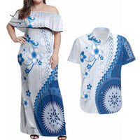Bula Fiji Couples Matching Off Shoulder Maxi Dress and Hawaiian Shirt Blue Plumeria Masi Tapa Pattern - Polynesian Pride