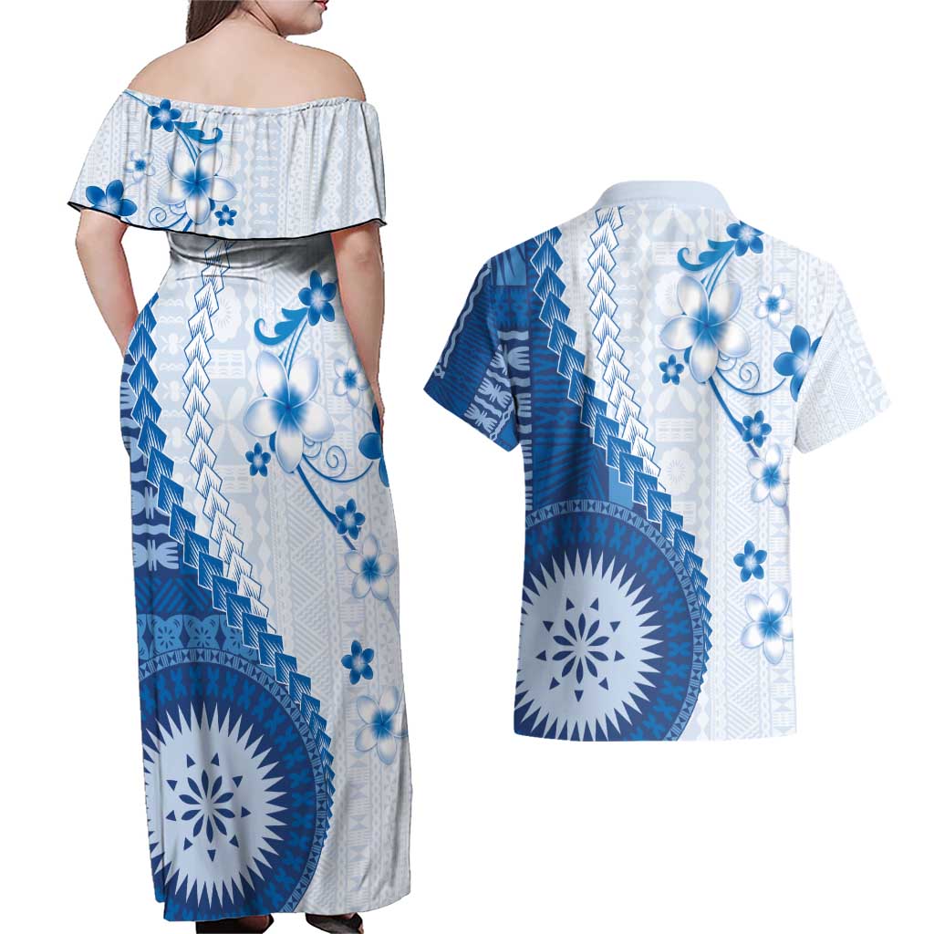 Bula Fiji Couples Matching Off Shoulder Maxi Dress and Hawaiian Shirt Blue Plumeria Masi Tapa Pattern - Polynesian Pride