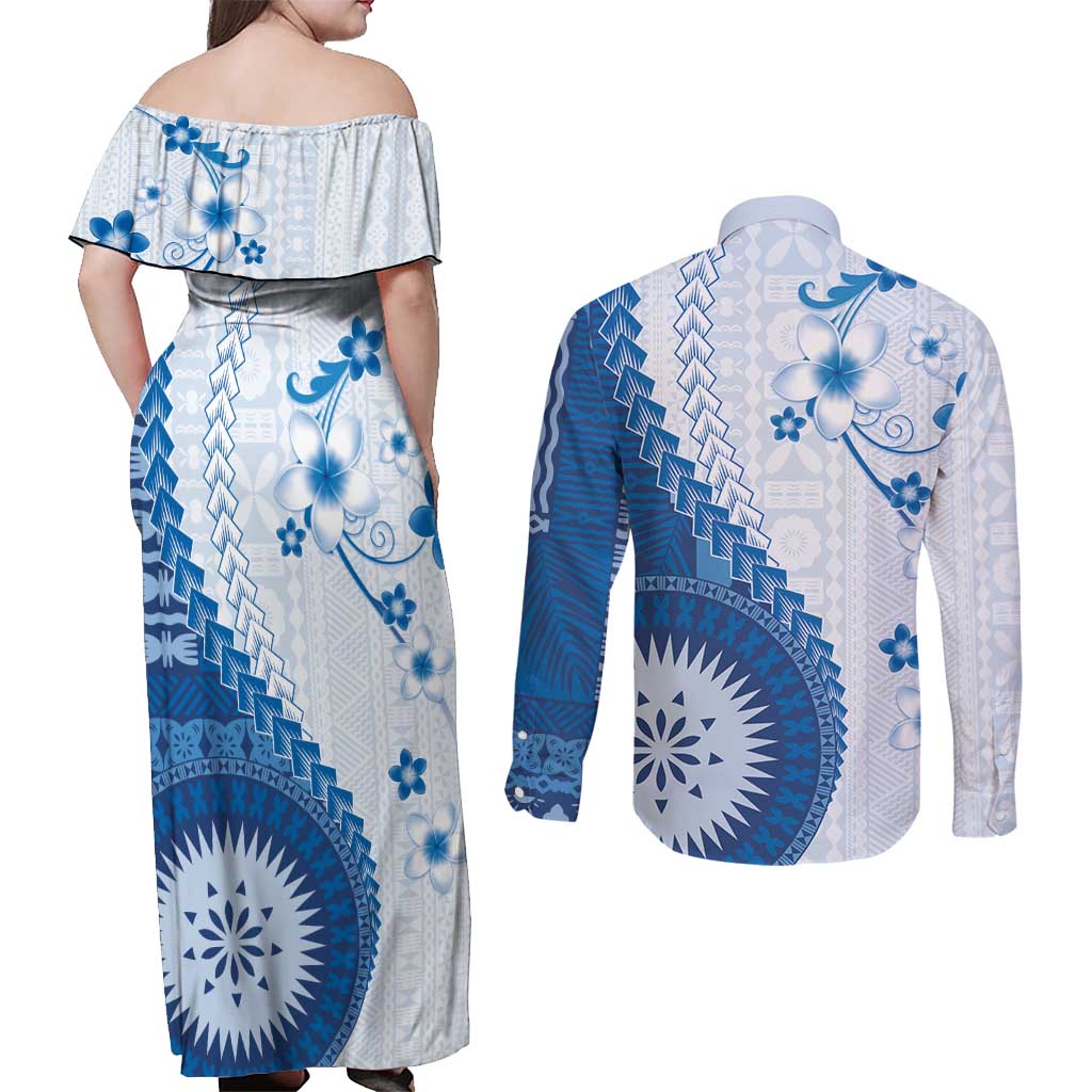 Bula Fiji Couples Matching Off Shoulder Maxi Dress and Long Sleeve Button Shirt Blue Plumeria Masi Tapa Pattern - Polynesian Pride