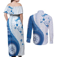 Bula Fiji Couples Matching Off Shoulder Maxi Dress and Long Sleeve Button Shirt Blue Plumeria Masi Tapa Pattern - Polynesian Pride