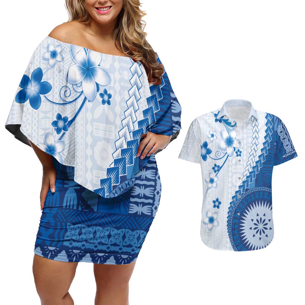 Bula Fiji Couples Matching Off Shoulder Short Dress and Hawaiian Shirt Blue Plumeria Masi Tapa Pattern - Polynesian Pride