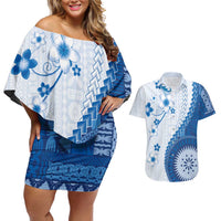 Bula Fiji Couples Matching Off Shoulder Short Dress and Hawaiian Shirt Blue Plumeria Masi Tapa Pattern - Polynesian Pride