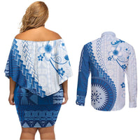 Bula Fiji Couples Matching Off Shoulder Short Dress and Long Sleeve Button Shirt Blue Plumeria Masi Tapa Pattern - Polynesian Pride