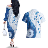 Bula Fiji Couples Matching Off The Shoulder Long Sleeve Dress and Hawaiian Shirt Blue Plumeria Masi Tapa Pattern - Polynesian Pride