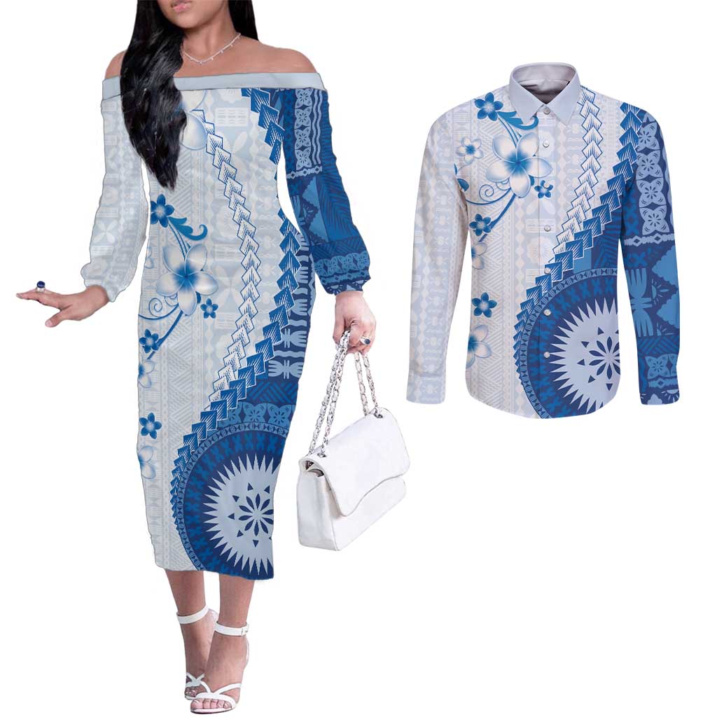 Bula Fiji Couples Matching Off The Shoulder Long Sleeve Dress and Long Sleeve Button Shirt Blue Plumeria Masi Tapa Pattern - Polynesian Pride