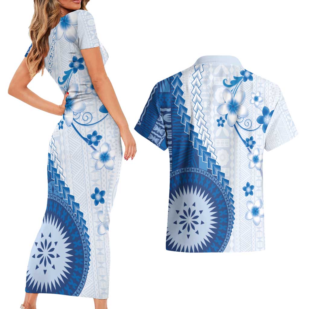 Bula Fiji Couples Matching Short Sleeve Bodycon Dress and Hawaiian Shirt Blue Plumeria Masi Tapa Pattern - Polynesian Pride