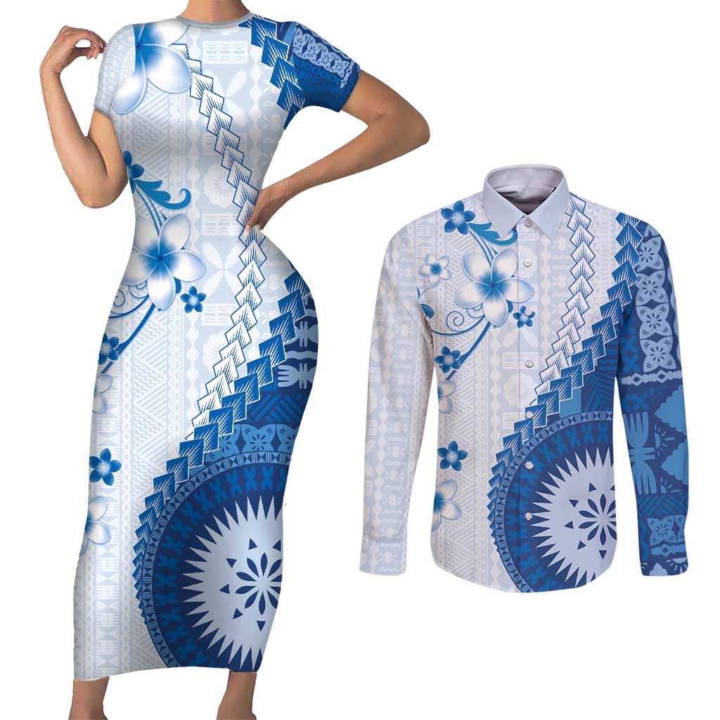 Bula Fiji Couples Matching Short Sleeve Bodycon Dress and Long Sleeve Button Shirt Blue Plumeria Masi Tapa Pattern - Polynesian Pride