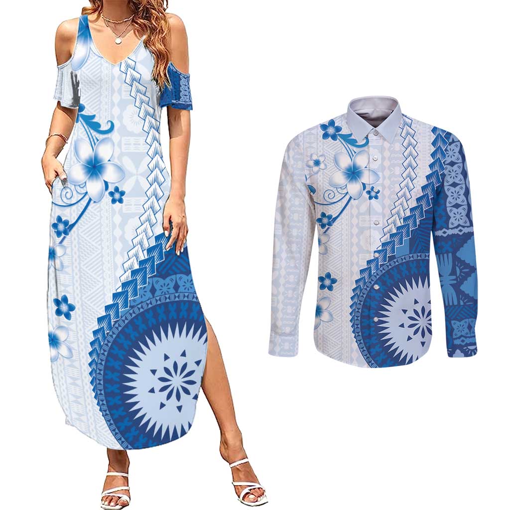 Bula Fiji Couples Matching Summer Maxi Dress and Long Sleeve Button Shirt Blue Plumeria Masi Tapa Pattern - Polynesian Pride