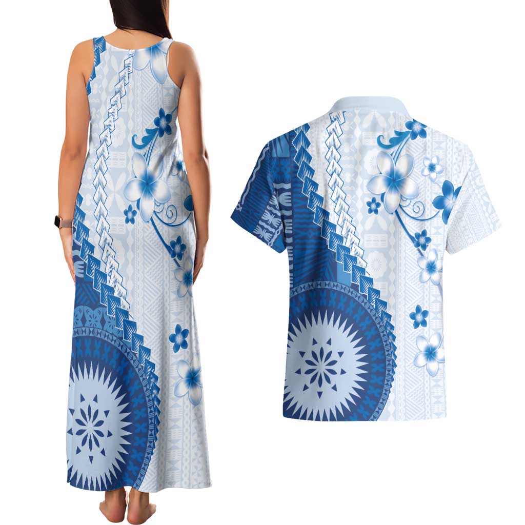 Bula Fiji Couples Matching Tank Maxi Dress and Hawaiian Shirt Blue Plumeria Masi Tapa Pattern - Polynesian Pride