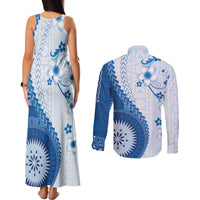 Bula Fiji Couples Matching Tank Maxi Dress and Long Sleeve Button Shirt Blue Plumeria Masi Tapa Pattern - Polynesian Pride