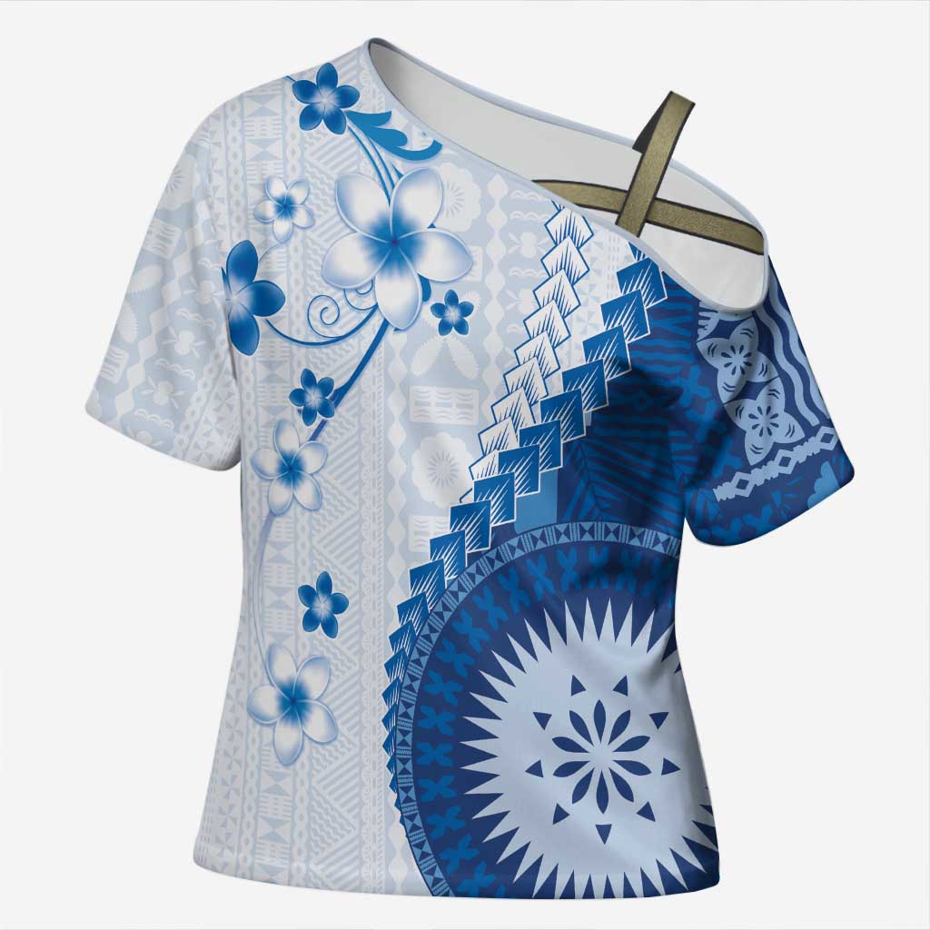 Bula Fiji Cross Shoulder Shirt Blue Plumeria Masi Tapa Pattern LT05 Female Blue - Polynesian Pride