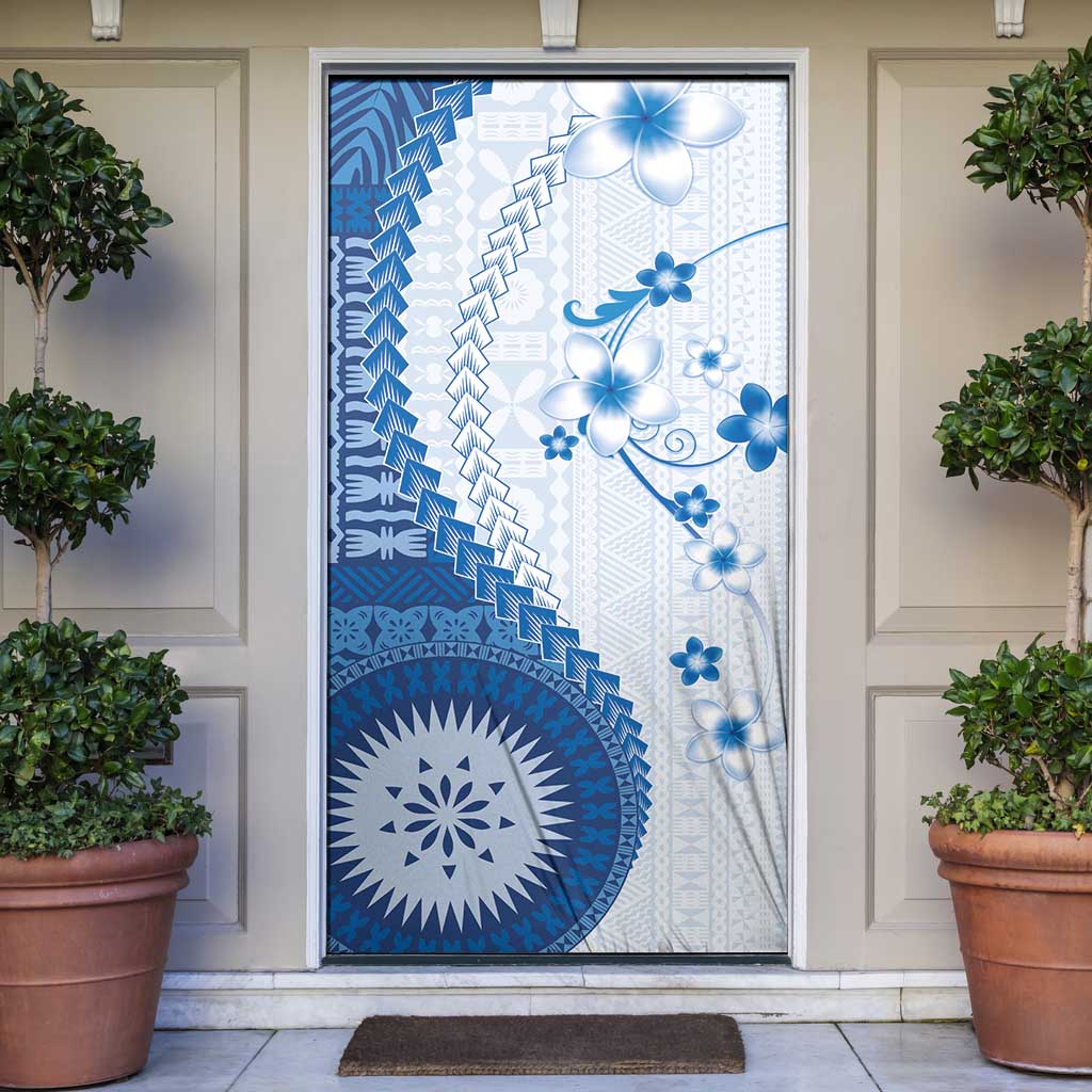 Bula Fiji Door Cover Blue Plumeria Masi Tapa Pattern - Polynesian Pride