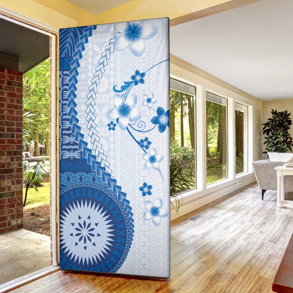 Bula Fiji Door Cover Blue Plumeria Masi Tapa Pattern - Polynesian Pride
