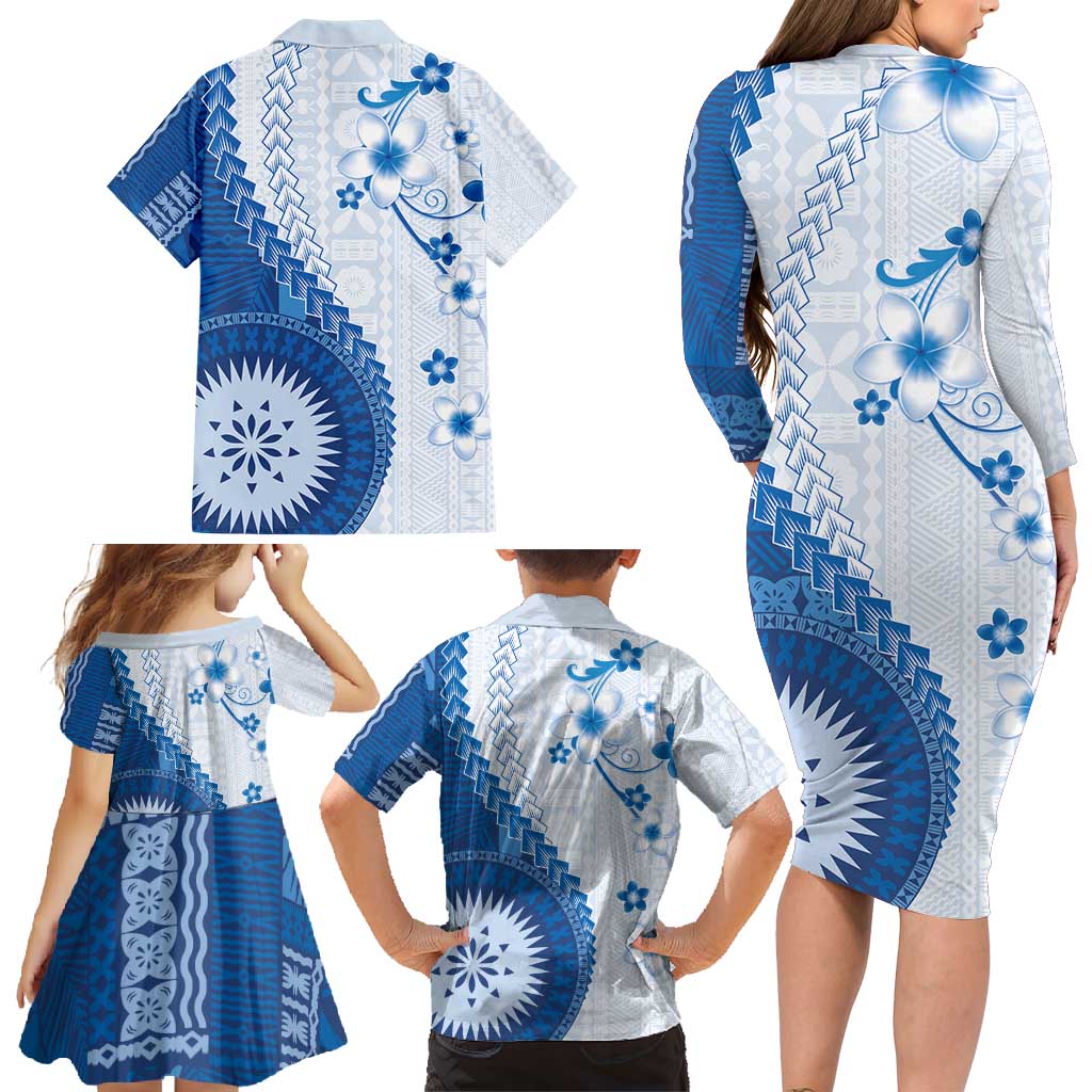 Bula Fiji Family Matching Long Sleeve Bodycon Dress and Hawaiian Shirt Blue Plumeria Masi Tapa Pattern - Polynesian Pride