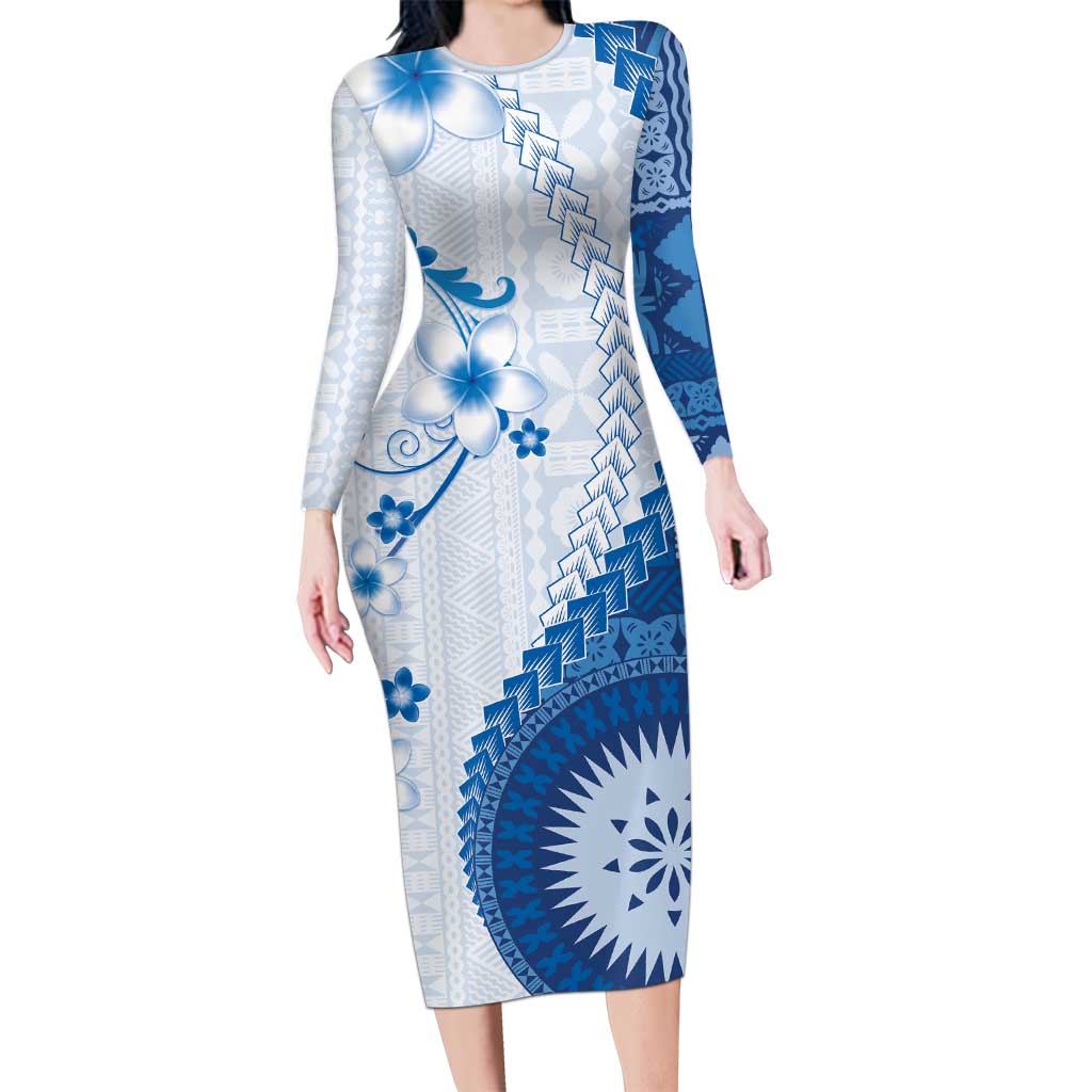 Bula Fiji Family Matching Long Sleeve Bodycon Dress and Hawaiian Shirt Blue Plumeria Masi Tapa Pattern - Polynesian Pride