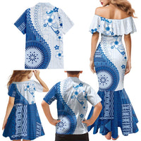 Bula Fiji Family Matching Mermaid Dress and Hawaiian Shirt Blue Plumeria Masi Tapa Pattern - Polynesian Pride