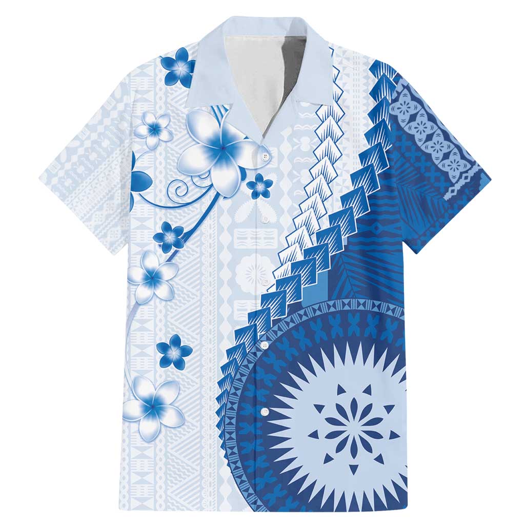Bula Fiji Family Matching Mermaid Dress and Hawaiian Shirt Blue Plumeria Masi Tapa Pattern - Polynesian Pride