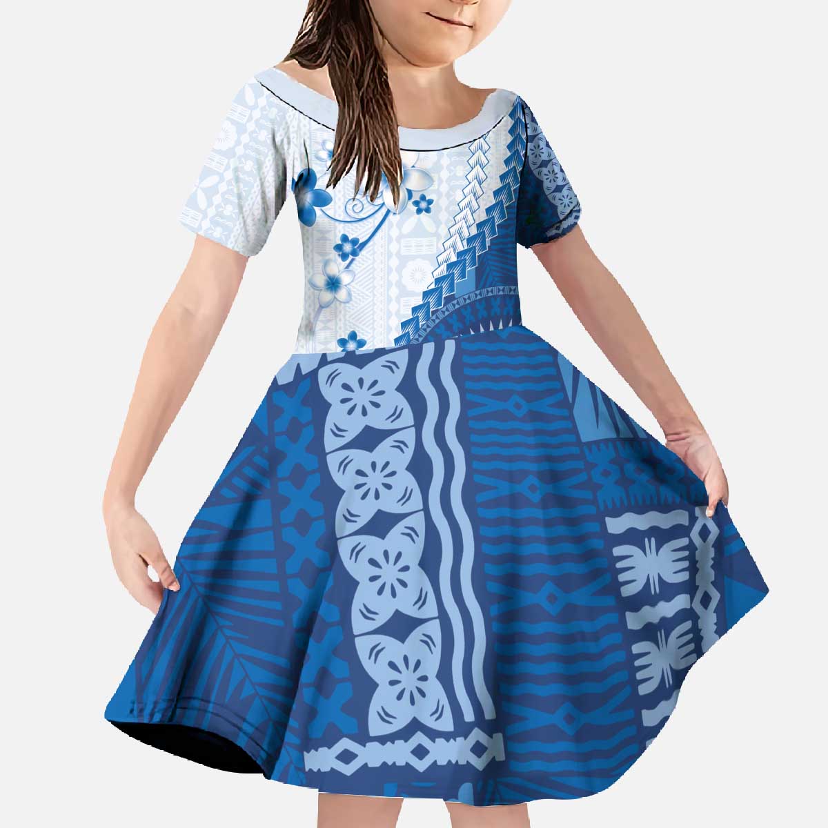 Bula Fiji Family Matching Off The Shoulder Long Sleeve Dress and Hawaiian Shirt Blue Plumeria Masi Tapa Pattern - Polynesian Pride