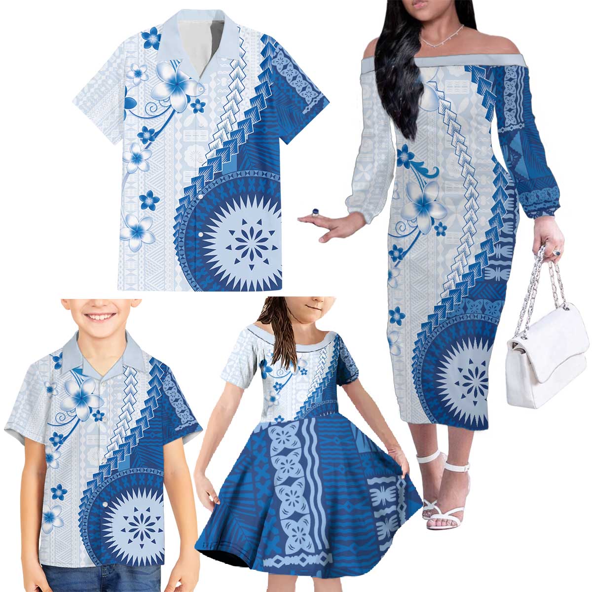 Bula Fiji Family Matching Off The Shoulder Long Sleeve Dress and Hawaiian Shirt Blue Plumeria Masi Tapa Pattern - Polynesian Pride