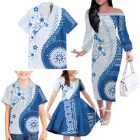 Bula Fiji Family Matching Off The Shoulder Long Sleeve Dress and Hawaiian Shirt Blue Plumeria Masi Tapa Pattern - Polynesian Pride