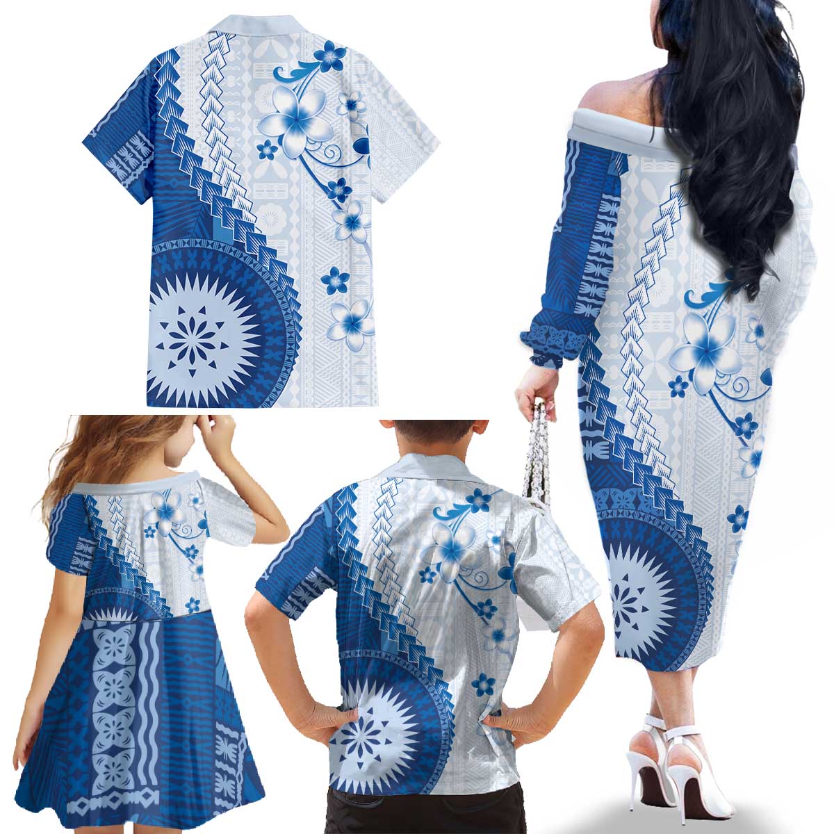 Bula Fiji Family Matching Off The Shoulder Long Sleeve Dress and Hawaiian Shirt Blue Plumeria Masi Tapa Pattern - Polynesian Pride