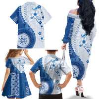 Bula Fiji Family Matching Off The Shoulder Long Sleeve Dress and Hawaiian Shirt Blue Plumeria Masi Tapa Pattern - Polynesian Pride