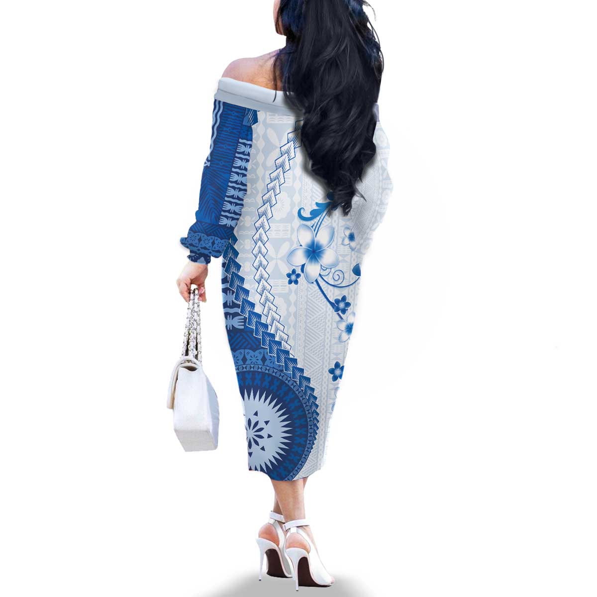 Bula Fiji Family Matching Off The Shoulder Long Sleeve Dress and Hawaiian Shirt Blue Plumeria Masi Tapa Pattern - Polynesian Pride