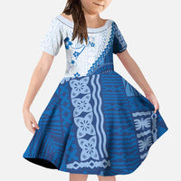 Bula Fiji Family Matching Off Shoulder Maxi Dress and Hawaiian Shirt Blue Plumeria Masi Tapa Pattern - Polynesian Pride