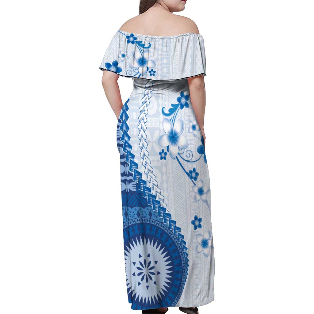 Bula Fiji Family Matching Off Shoulder Maxi Dress and Hawaiian Shirt Blue Plumeria Masi Tapa Pattern - Polynesian Pride