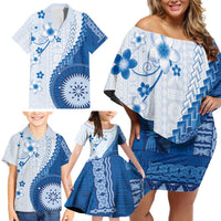Bula Fiji Family Matching Off Shoulder Short Dress and Hawaiian Shirt Blue Plumeria Masi Tapa Pattern - Polynesian Pride