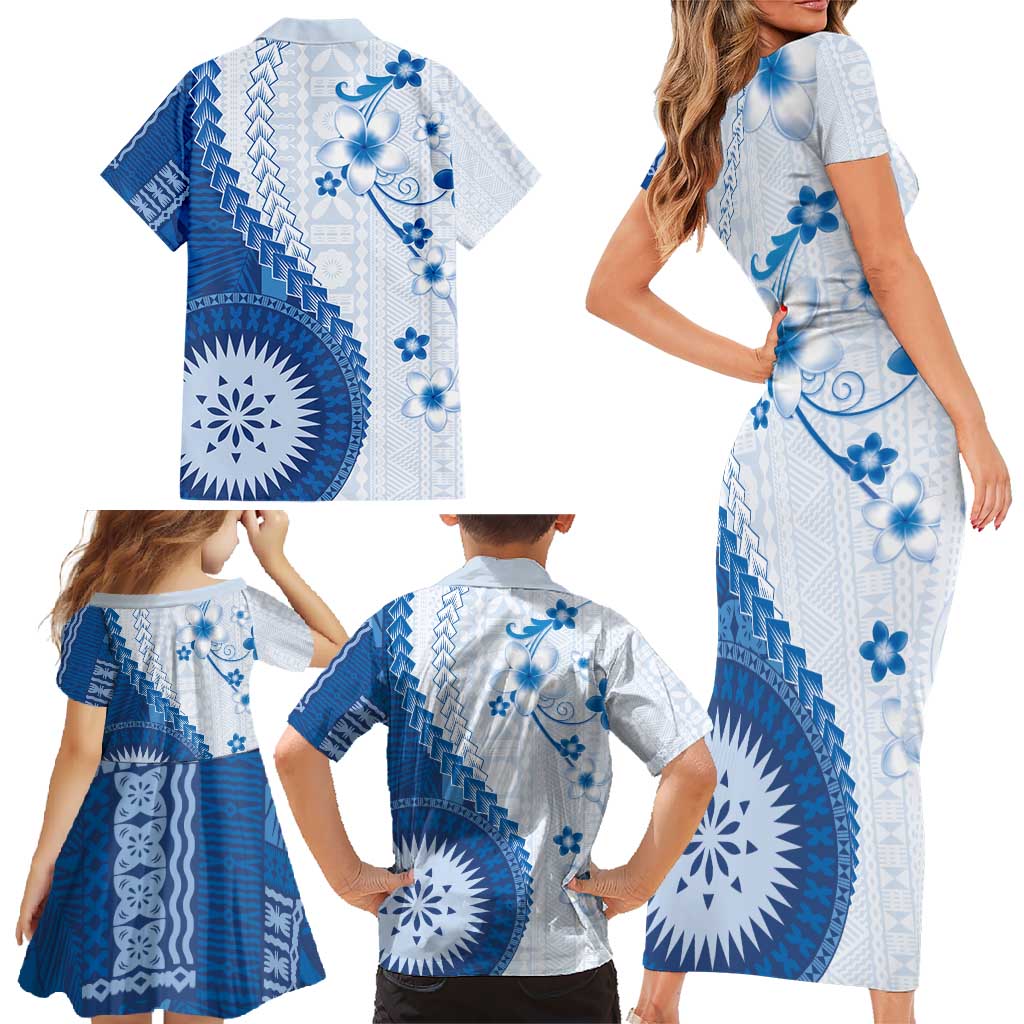 Bula Fiji Family Matching Short Sleeve Bodycon Dress and Hawaiian Shirt Blue Plumeria Masi Tapa Pattern - Polynesian Pride