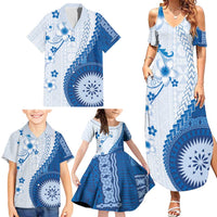 Bula Fiji Family Matching Summer Maxi Dress and Hawaiian Shirt Blue Plumeria Masi Tapa Pattern - Polynesian Pride
