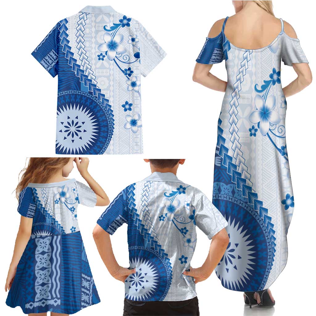 Bula Fiji Family Matching Summer Maxi Dress and Hawaiian Shirt Blue Plumeria Masi Tapa Pattern - Polynesian Pride
