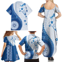 Bula Fiji Family Matching Summer Maxi Dress and Hawaiian Shirt Blue Plumeria Masi Tapa Pattern - Polynesian Pride