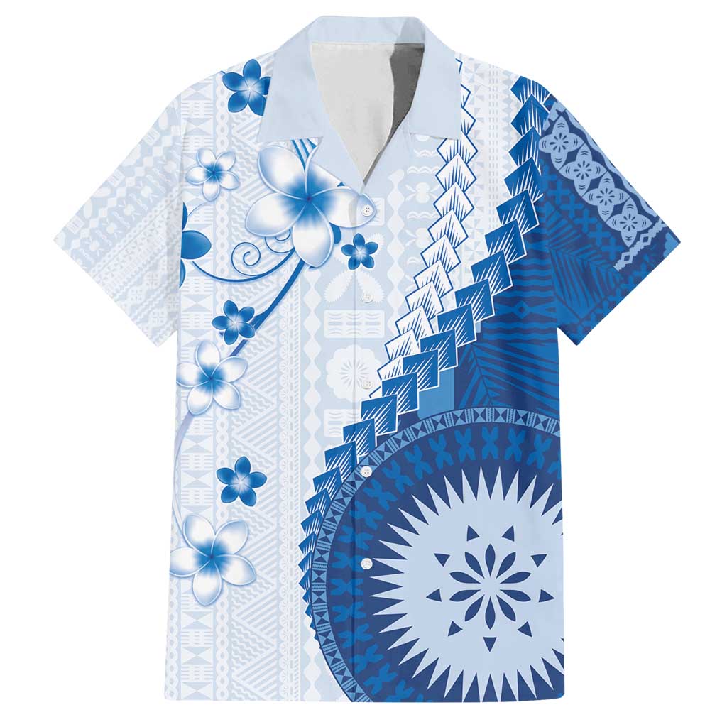 Bula Fiji Family Matching Tank Maxi Dress and Hawaiian Shirt Blue Plumeria Masi Tapa Pattern - Polynesian Pride