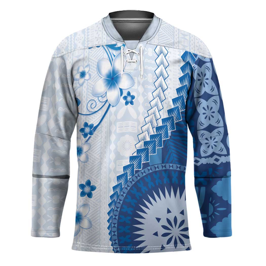 Bula Fiji Hockey Jersey Blue Plumeria Masi Tapa Pattern LT05 Unisex Blue - Polynesian Pride