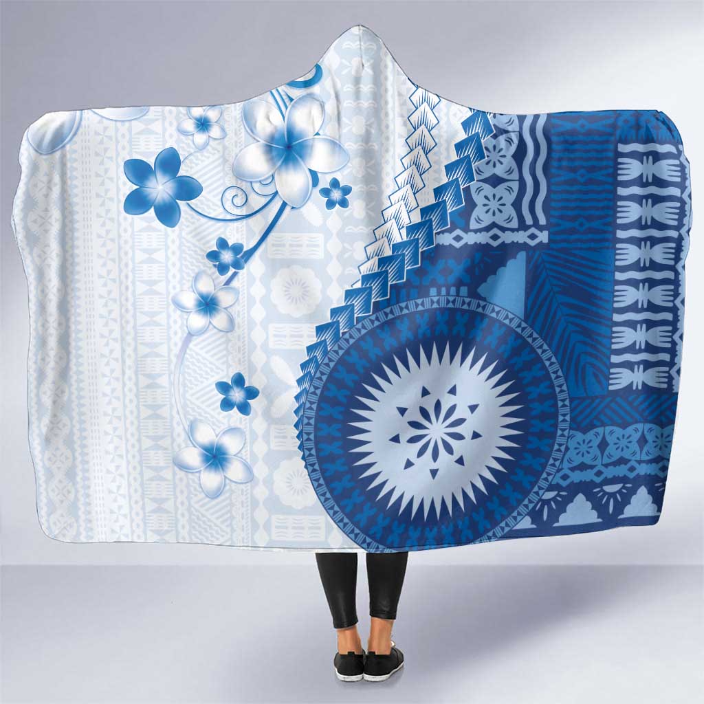 Bula Fiji Hooded Blanket Blue Plumeria Masi Tapa Pattern LT05 One Size Blue - Polynesian Pride