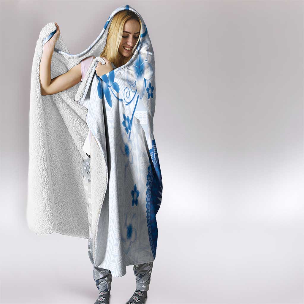 Bula Fiji Hooded Blanket Blue Plumeria Masi Tapa Pattern LT05 - Polynesian Pride