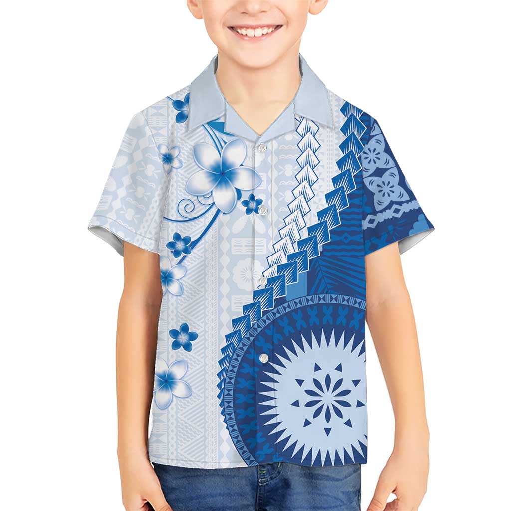 Bula Fiji Kid Hawaiian Shirt Blue Plumeria Masi Tapa Pattern LT05 Kid Blue - Polynesian Pride