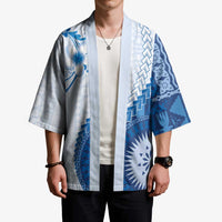 Bula Fiji Kimono Blue Plumeria Masi Tapa Pattern LT05 - Polynesian Pride
