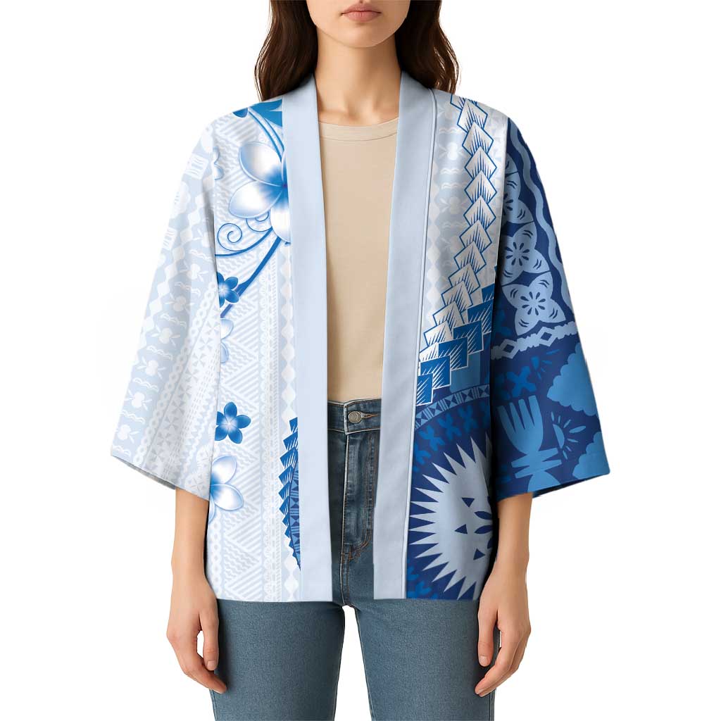 Bula Fiji Kimono Blue Plumeria Masi Tapa Pattern LT05 - Polynesian Pride