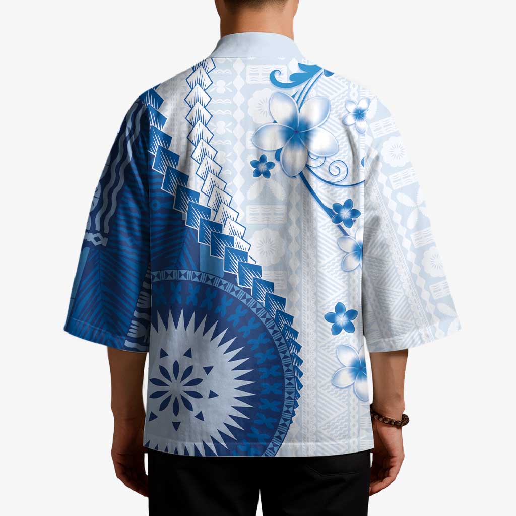 Bula Fiji Kimono Blue Plumeria Masi Tapa Pattern LT05 - Polynesian Pride
