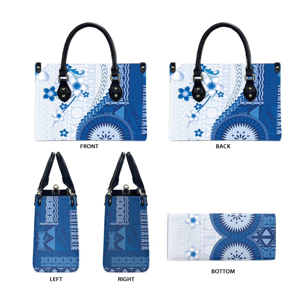 Bula Fiji Leather Bag Blue Plumeria Masi Tapa Pattern - Polynesian Pride