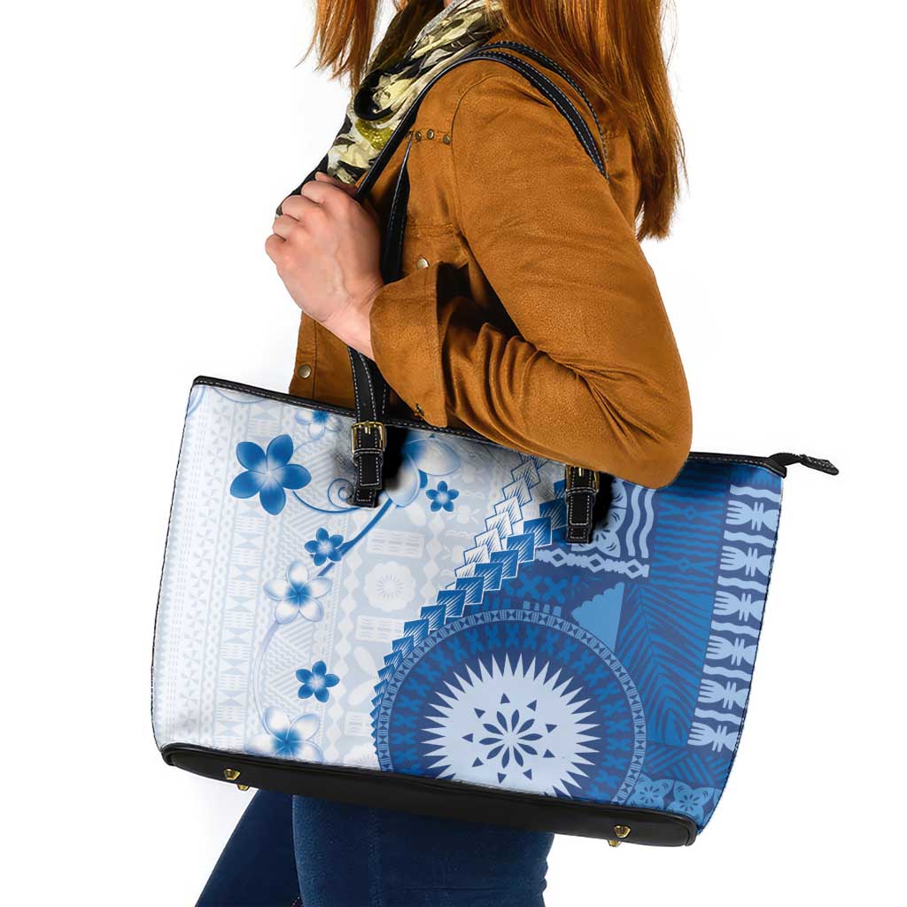 Bula Fiji Leather Tote Bag Blue Plumeria Masi Tapa Pattern LT05 Blue - Polynesian Pride