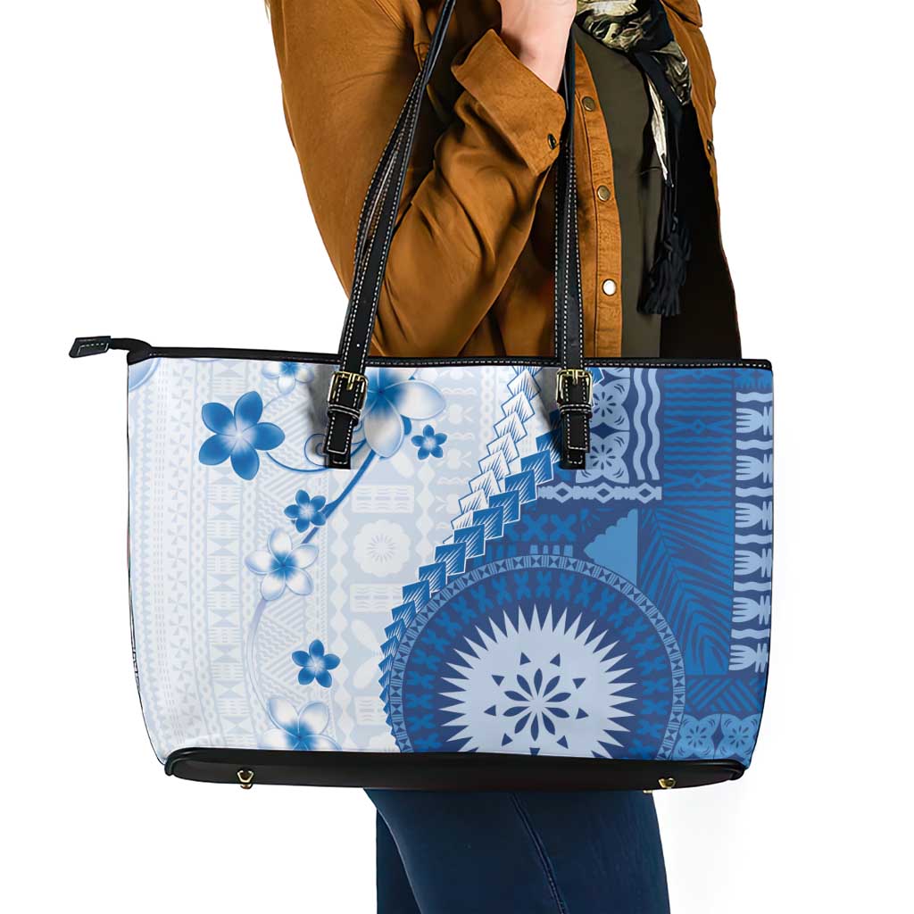 Bula Fiji Leather Tote Bag Blue Plumeria Masi Tapa Pattern LT05 - Polynesian Pride
