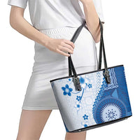 Bula Fiji Leather Tote Bag Blue Plumeria Masi Tapa Pattern LT05 - Polynesian Pride