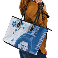 Bula Fiji Leather Tote Bag Blue Plumeria Masi Tapa Pattern LT05 - Polynesian Pride