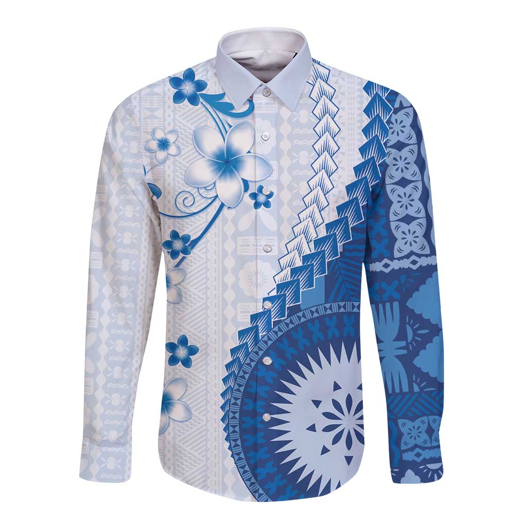 Bula Fiji Long Sleeve Button Shirt Blue Plumeria Masi Tapa Pattern - Polynesian Pride