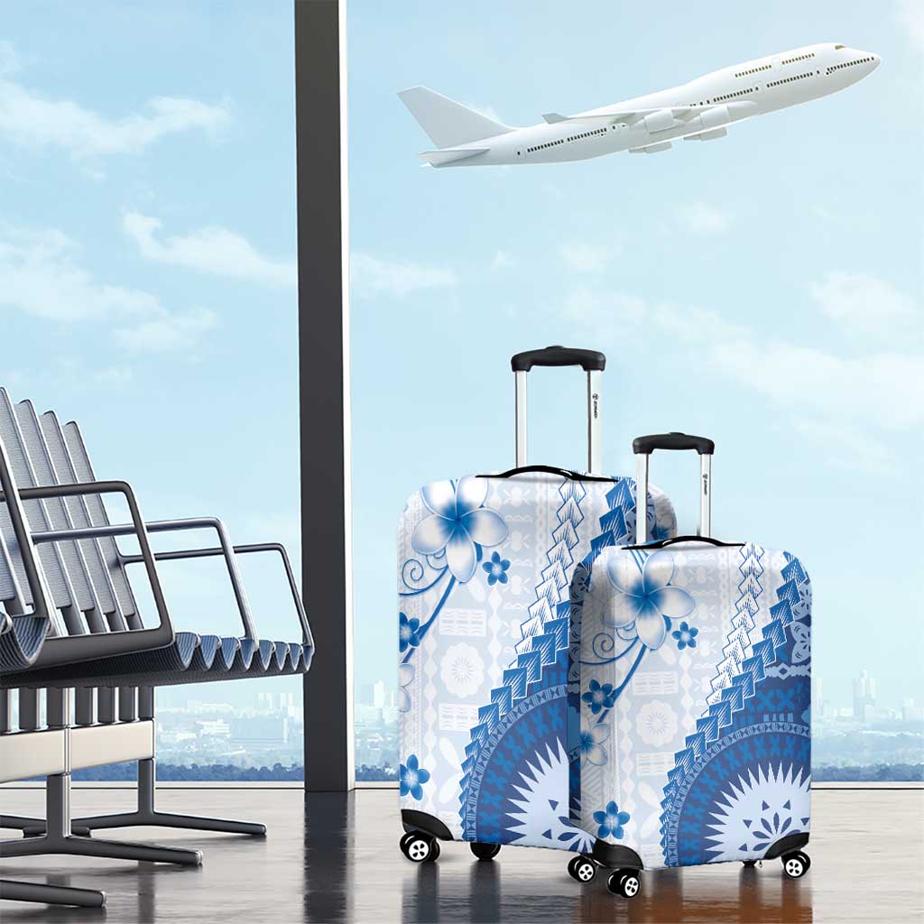 Bula Fiji Luggage Cover Blue Plumeria Masi Tapa Pattern LT05 - Polynesian Pride